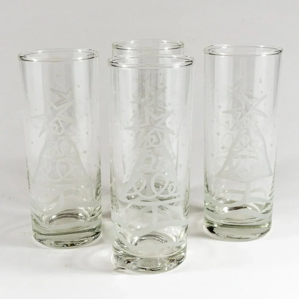 Crate & Barrel Christmas Tree Etched Highball Glasses, Set of 4